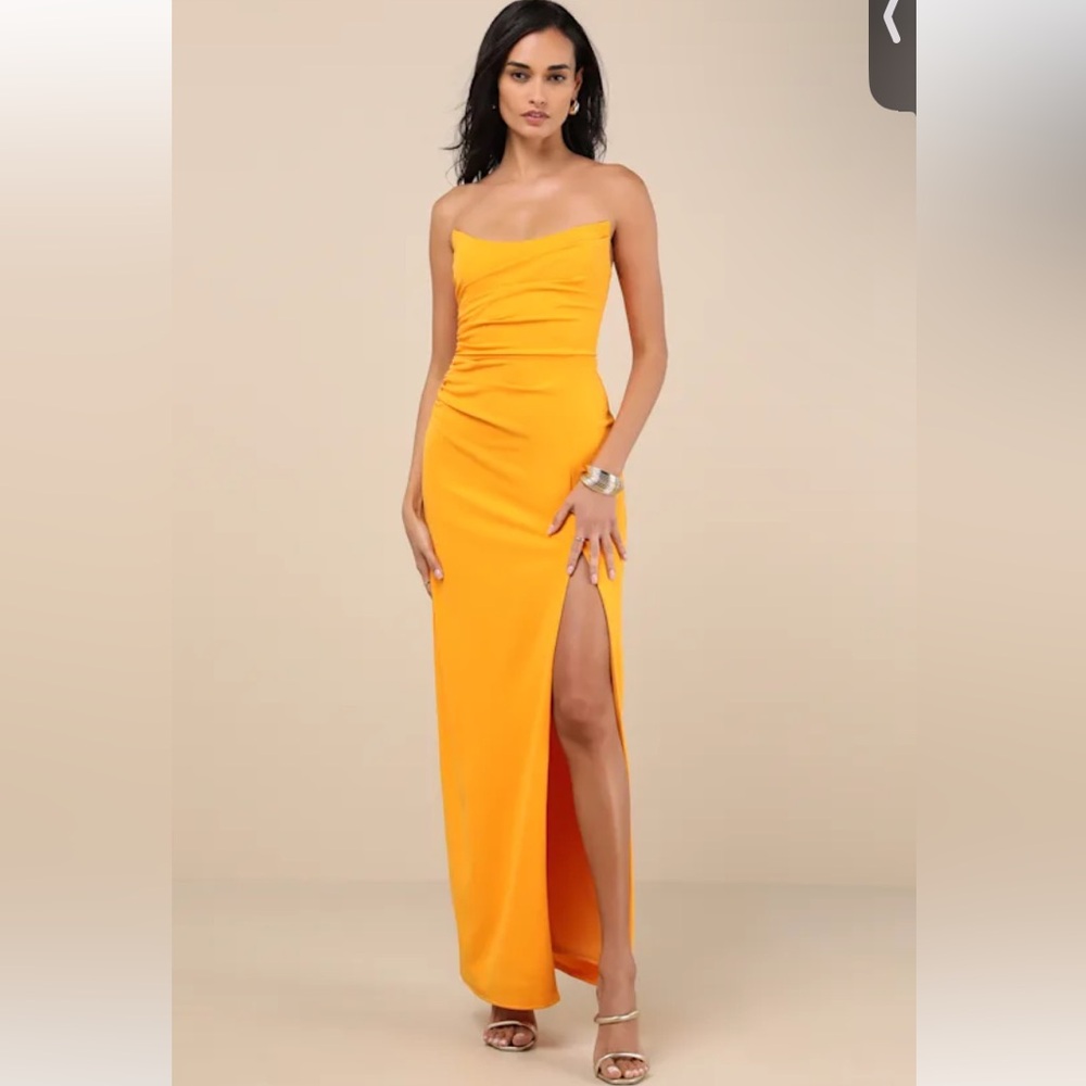 NWT Lulus Malia Golden Yellow Ruched Strapless Maxi Dress